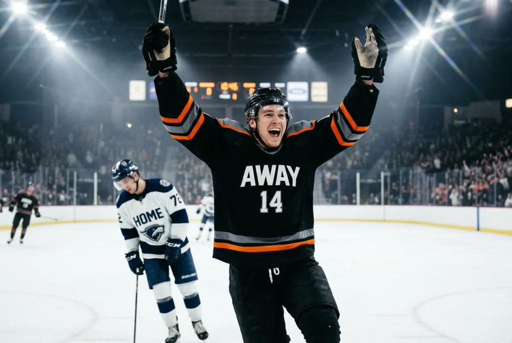 Jugador de hockey NHL celebrando gol sorpresa contra favorito