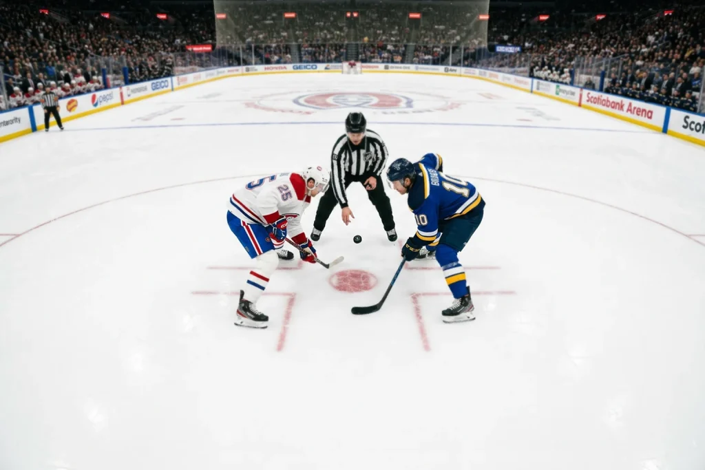 Face-off inicial de partido de hockey NHL en centro de pista