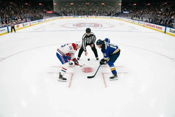 Face-off inicial de partido de hockey NHL en centro de pista