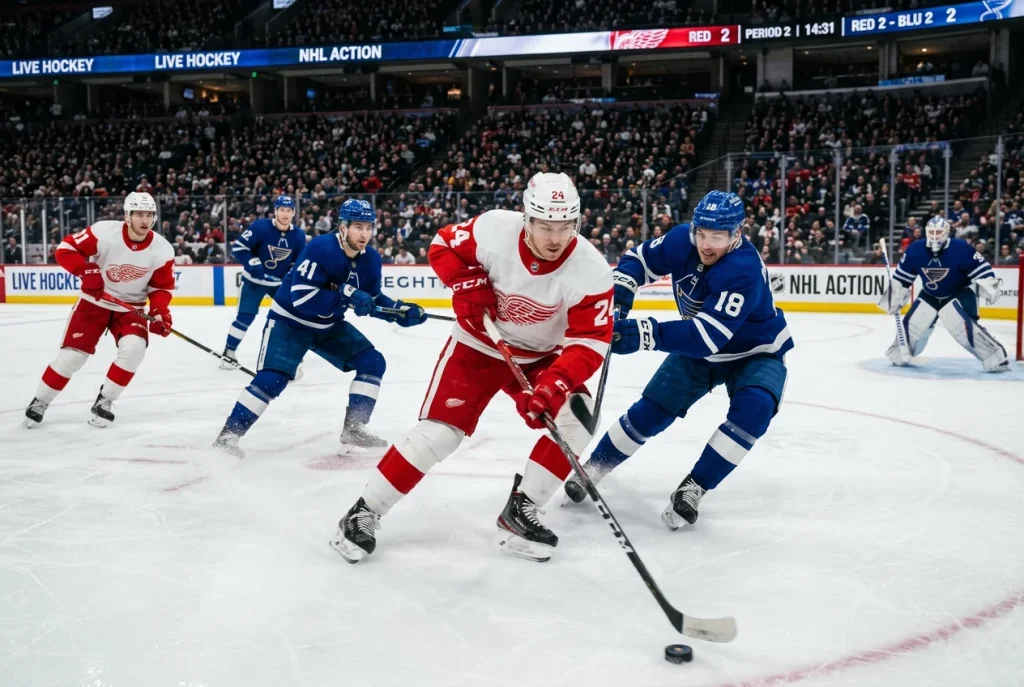 Acción de partido de hockey NHL con jugadores en movimiento sobre el hielo