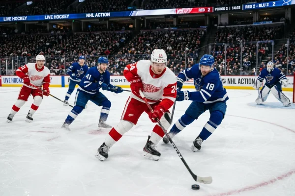 Acción de partido de hockey NHL con jugadores en movimiento sobre el hielo