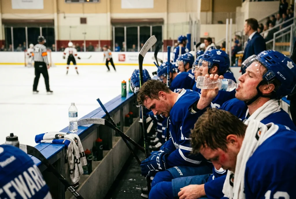 Jugadores de hockey NHL en el banquillo descansando durante partido