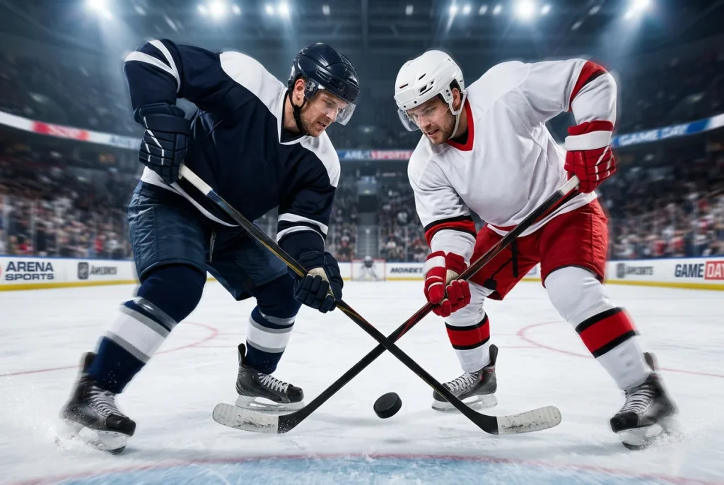 Jugadores de hockey NHL disputando el disco en zona ofensiva