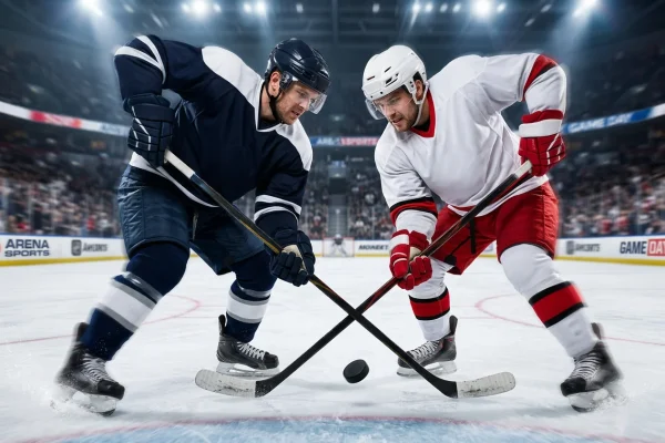 Jugadores de hockey NHL disputando el disco en zona ofensiva