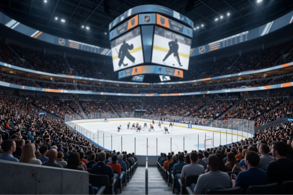 Pantalla de estadio de hockey mostrando información de partido NHL