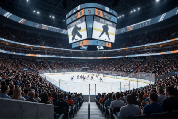 Pantalla de estadio de hockey mostrando información de partido NHL