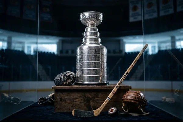 Trofeo Stanley Cup junto a equipamiento de hockey NHL
