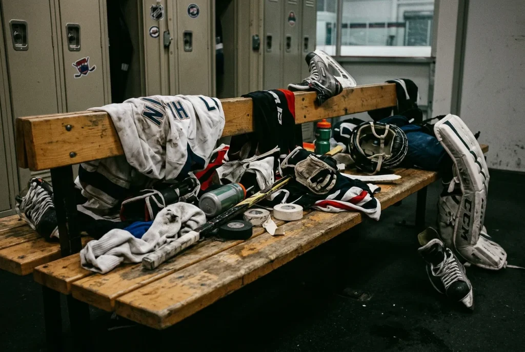 Disco de hockey junto a equipamiento desordenado simbolizando errores