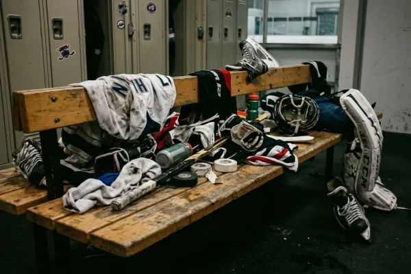Disco de hockey junto a equipamiento desordenado simbolizando errores