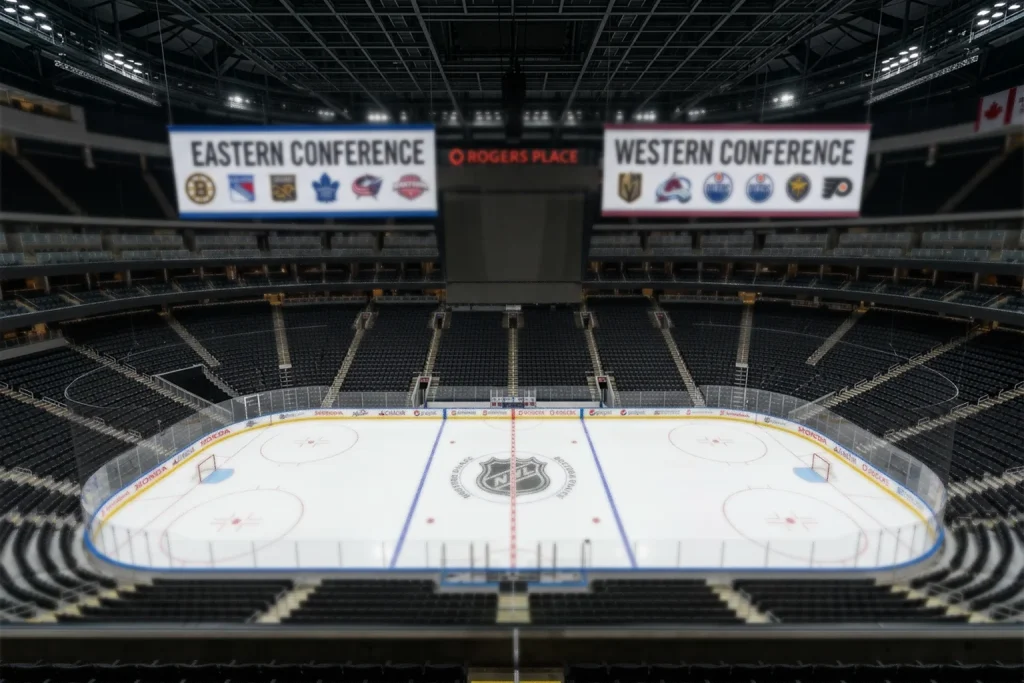 Pista de hockey NHL vacía con logos de conferencias visibles