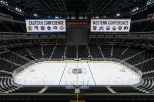 Pista de hockey NHL vacía con logos de conferencias visibles