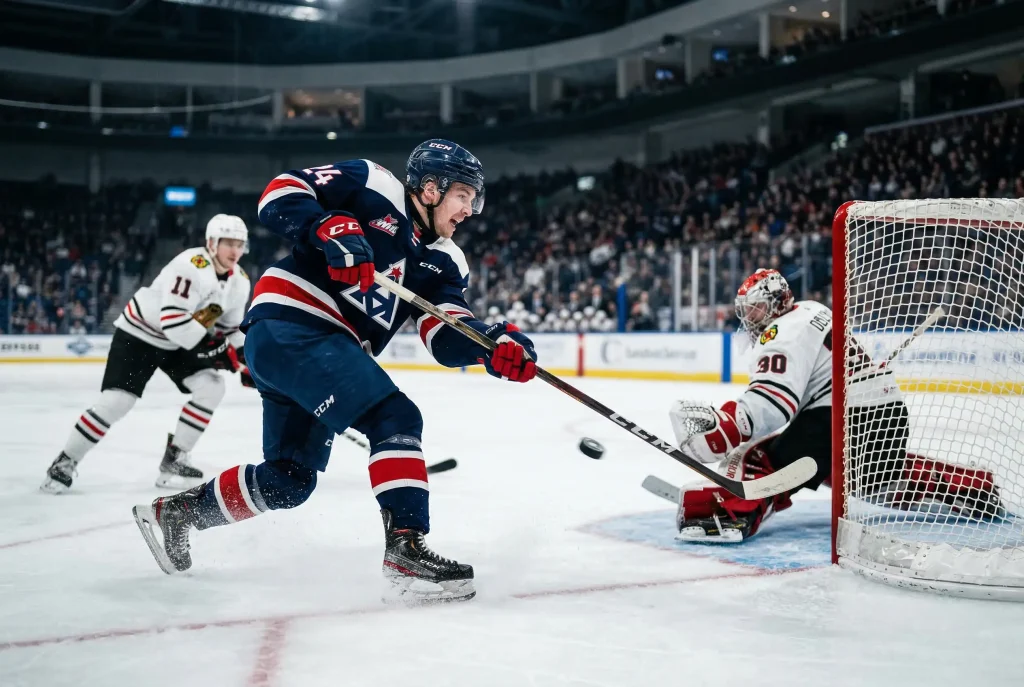 Tiro de jugador de hockey NHL hacia portería en situación de gol