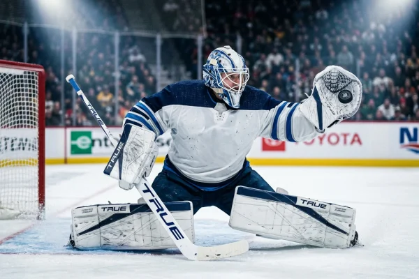 Portero de hockey NHL en posición de parada frente a la portería