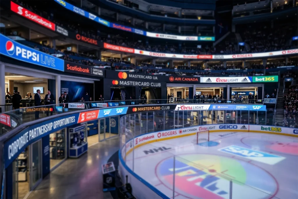 Estadio de hockey NHL moderno con patrocinadores visibles