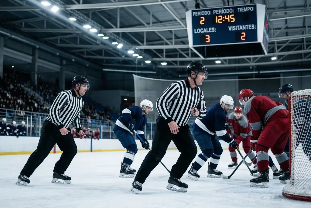 Árbitros de hockey NHL supervisando jugada en partido oficial