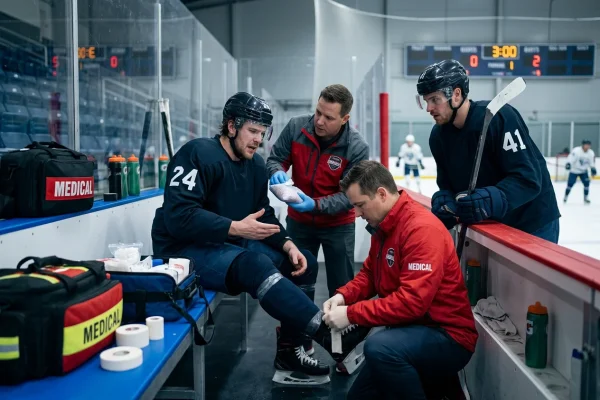 Jugador de hockey NHL siendo atendido por equipo médico en banquillo