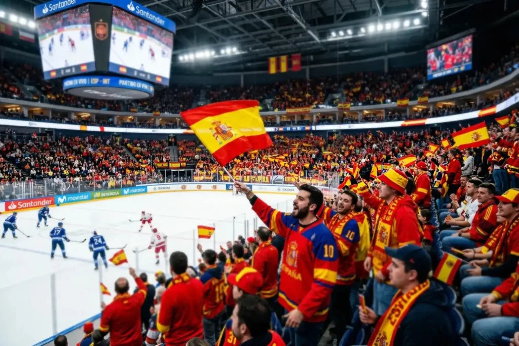Estadio de hockey con banderas españolas y aficionados