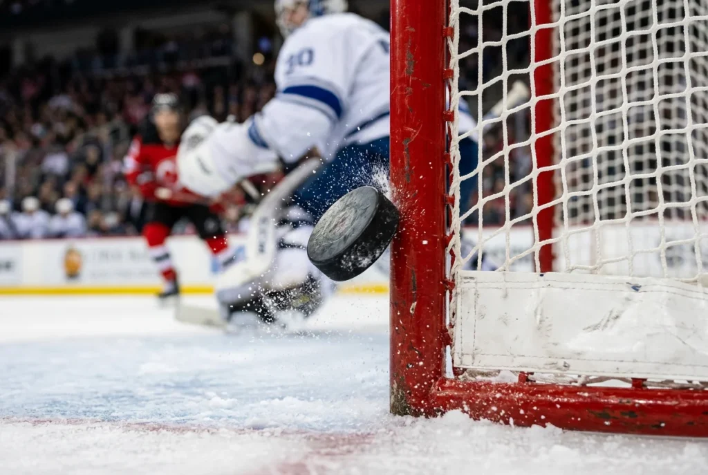 Disco de hockey rebotando en poste de portería NHL