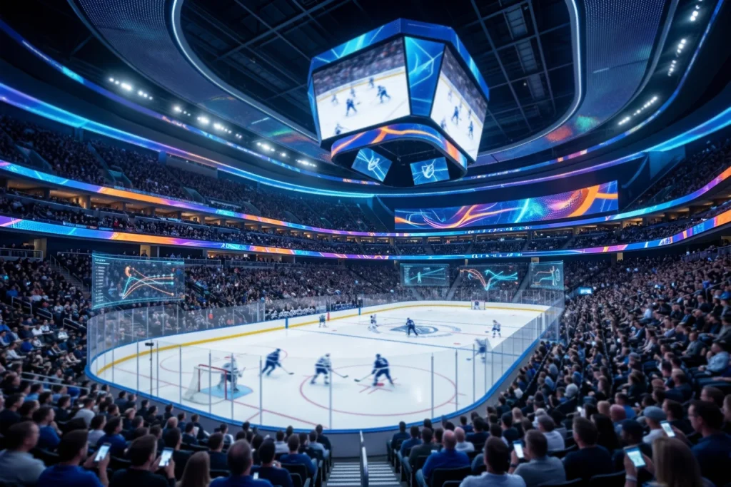 Estadio de hockey NHL con pantallas digitales mostrando información