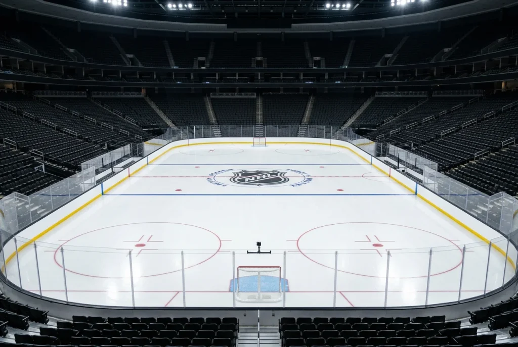 Pista de hockey sobre hielo vacía antes de un partido de NHL con iluminación de estadio