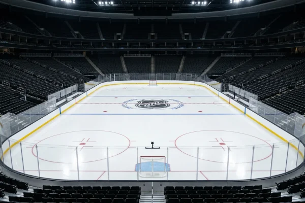 Pista de hockey sobre hielo vacía antes de un partido de NHL con iluminación de estadio