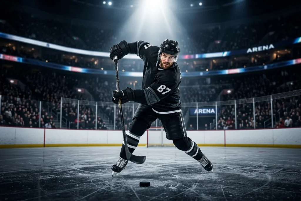 Jugador estrella de hockey NHL preparando tiro al arco