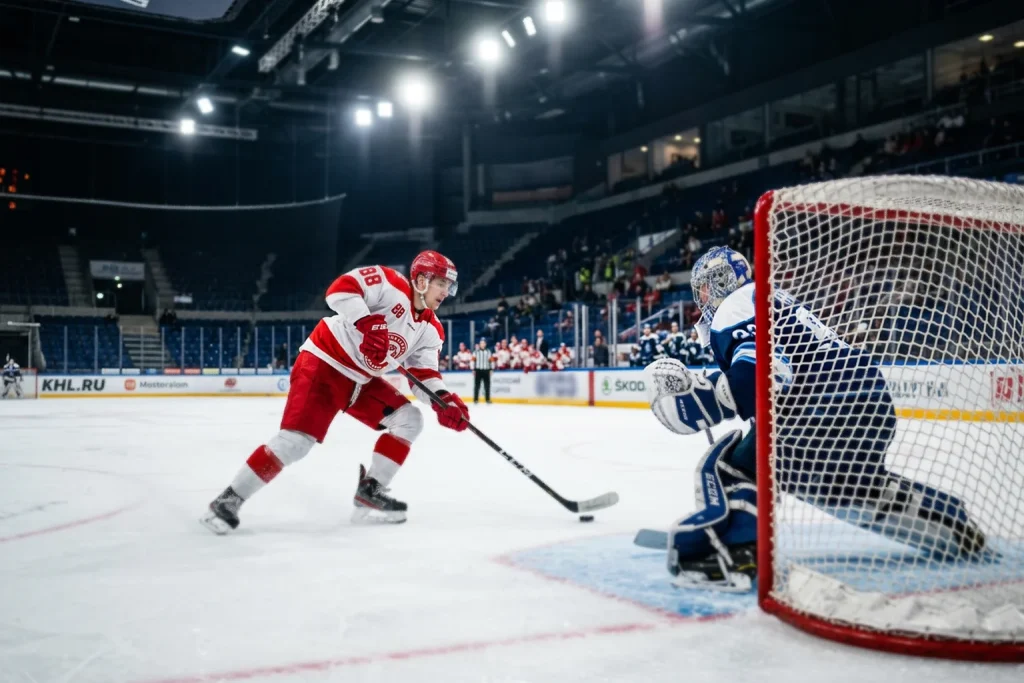 Jugador de hockey NHL ejecutando tiro de penalti contra portero