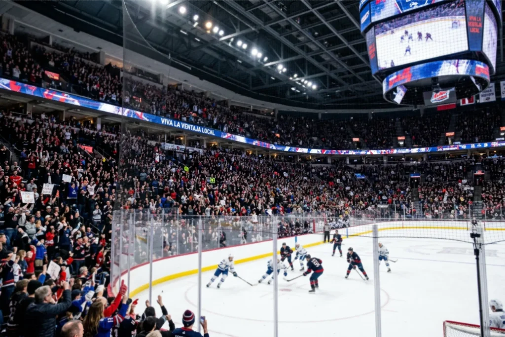 Estadio de hockey NHL lleno de aficionados locales animando a su equipo
